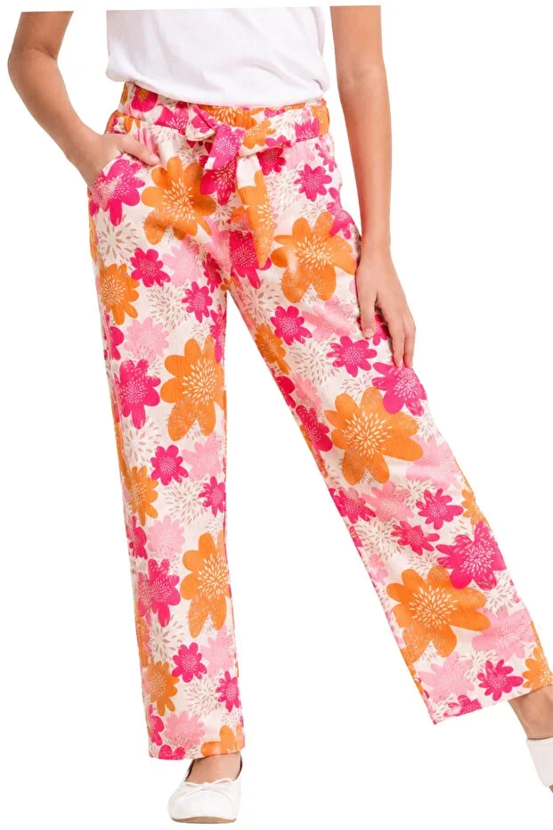 Girls' Colorful Floral Print Pants with Belt, Thin Fabric, Summer, Comfortable, Colorful Children's Pants