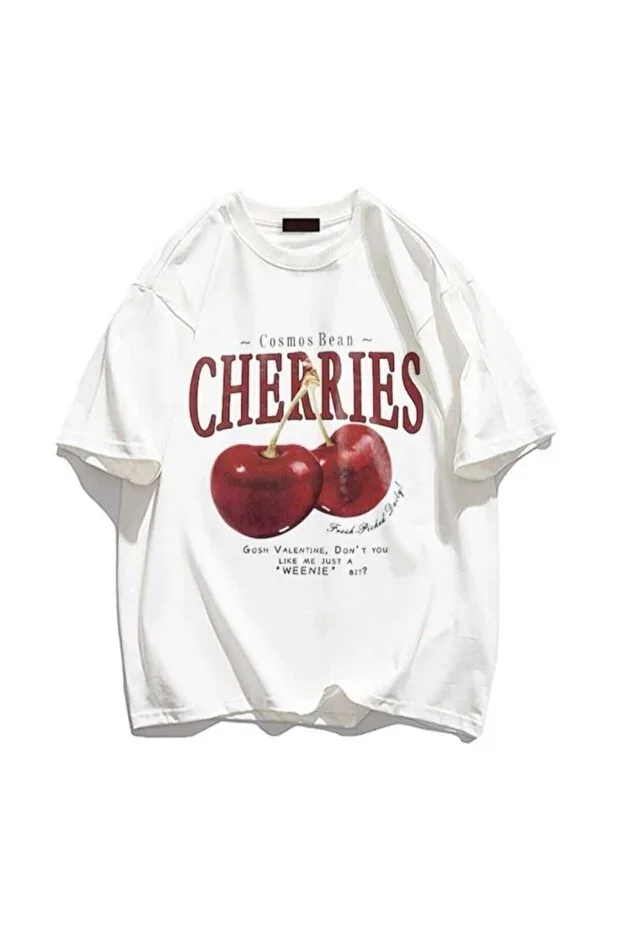 Elvino Red Cherries Printed Oversize Unisex White T-shirt