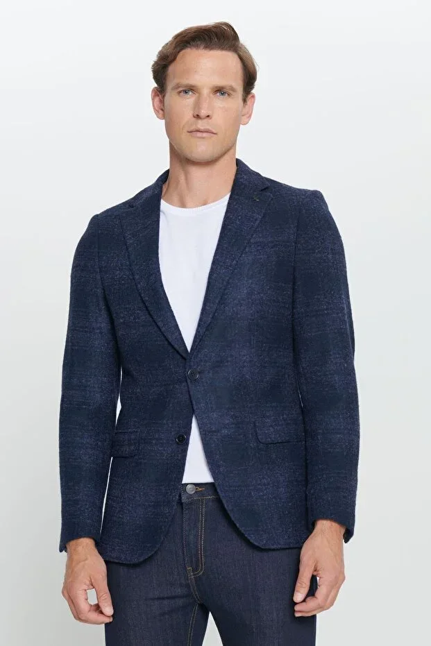 Men's Navy Blue Slim Fit Mono Collar Woolen Blazer Jacket