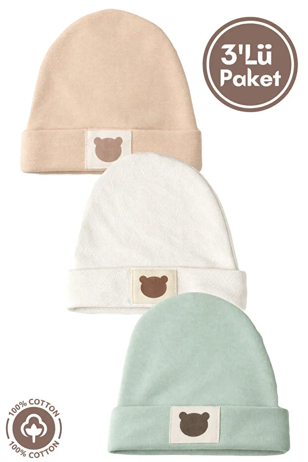 Unisex Baby Teddy Bear Appliqué Jersey Organic Cotton Newborn 3-Piece Baby Hat Set