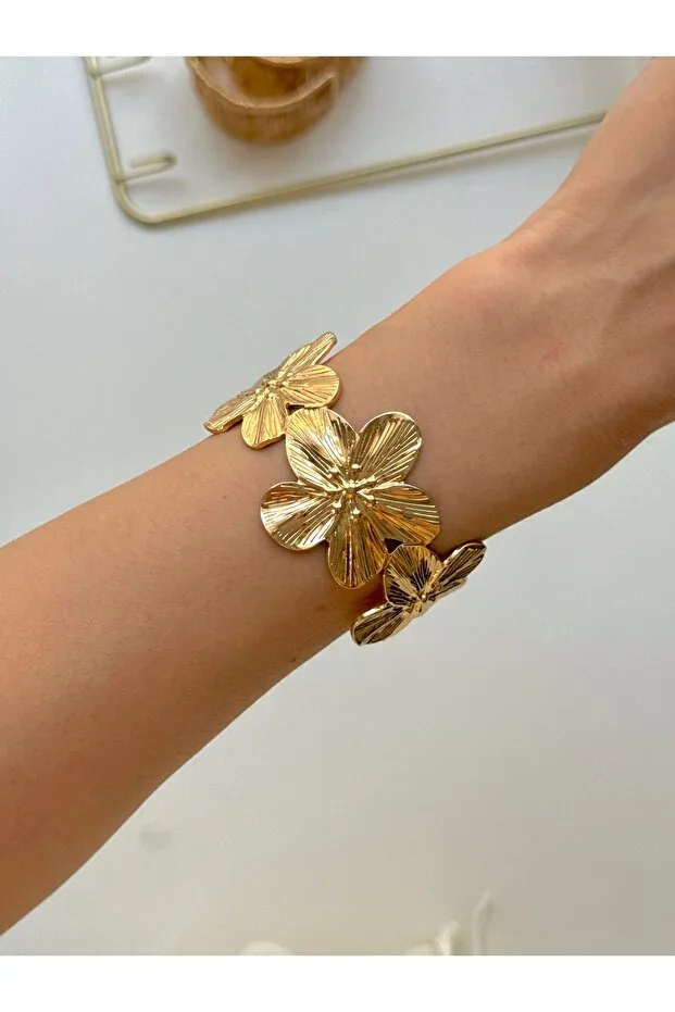 YOUES JEWELRY Steel Thick Flower Cuff Bracelet Adjustable Unisex Can Also Be Used as Arm Cuff