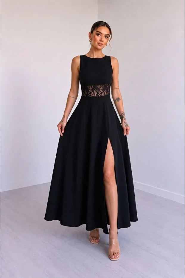 JANES Women Black Off-the-Shoulder Lace Detailed Pocket Crepe Evening Dress - Slit Long Evening Dress