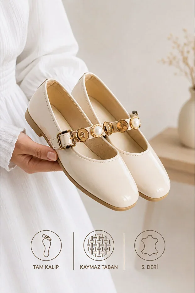 Cream Women's Ballet Flats Adjustable Buckle Lightweight Comfortable Daily Shoes
