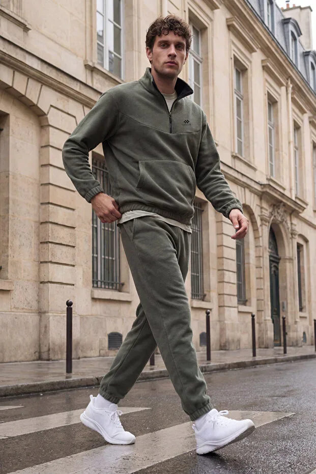 Çağla Half Zipper Stand-Up Collar Elastic Hem Polar Men's Tracksuit - 85159