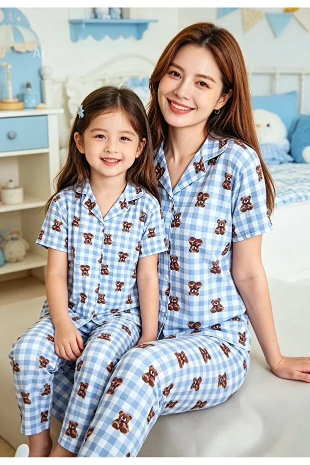 Mother & Daughter Combo Pajama Set Blue White Plaid Teddy Bear Print Milan Fabric Shirt Collar Short Sleeve (SOLD SEPARATELY) MOTHER'S DAY