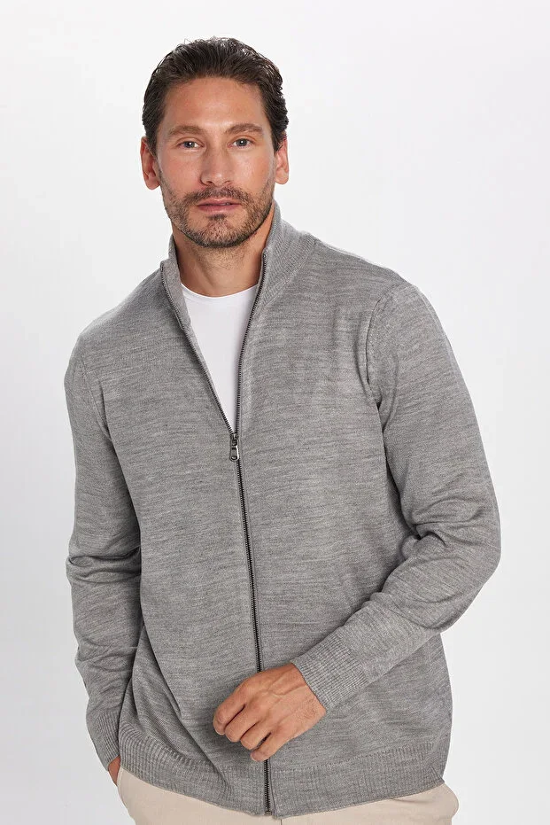 Men's Slim Fit Dark Grey Stand-Up Collar Zip-Up Plain Cardigan
