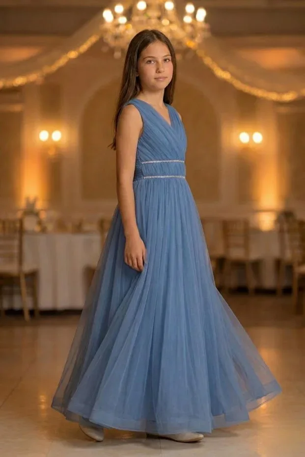 Girls V-Neck Waist Stone Embroidery Detailed Tulle Long Evening Dress ABY2027