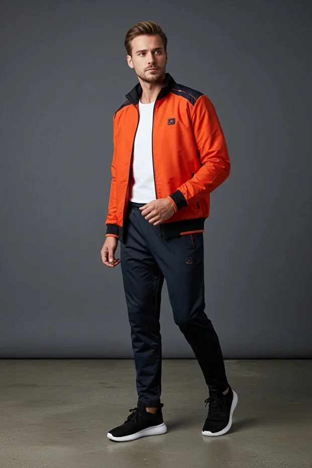 Men's Parachute Fabric Zippered Stand-Up Collar Orange Navy Blue Tracksuit Set - 4052