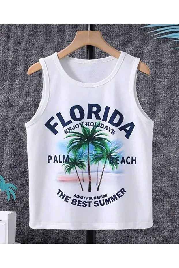 Boys Sleeveless White Florida Printed Jersey T-shirt