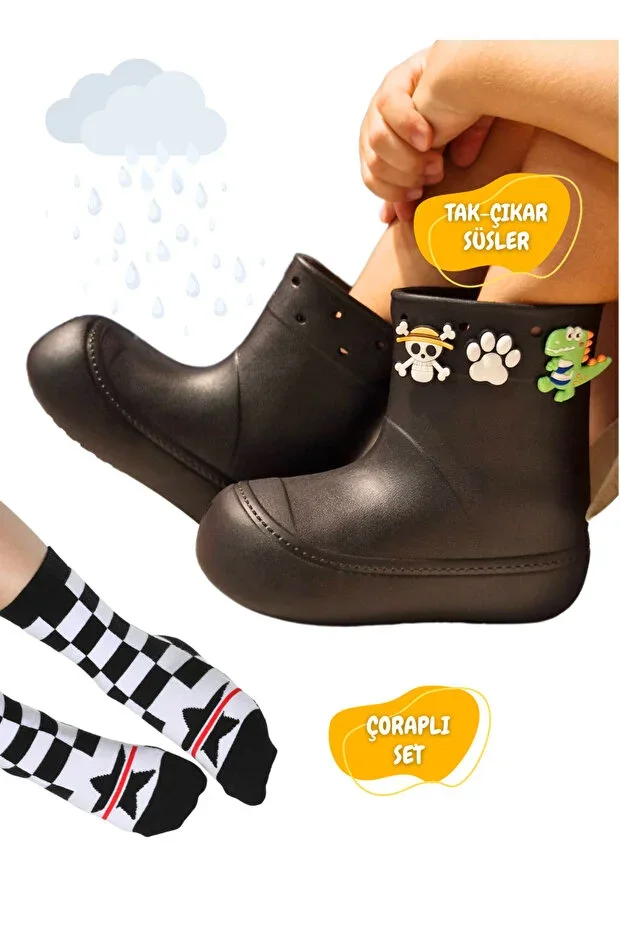 Black Rain Boot + Super Star Socks Set