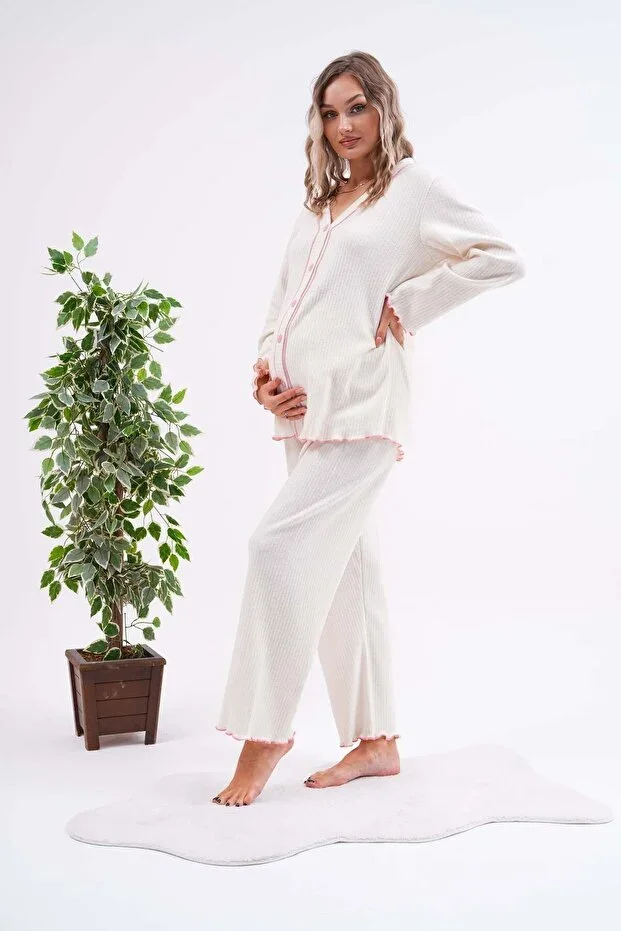Miss Dünya Lissa Front Button Adjustable Waist Sleeve and Hem Ruffle Detail Maternity and Postpartum Pajama Set