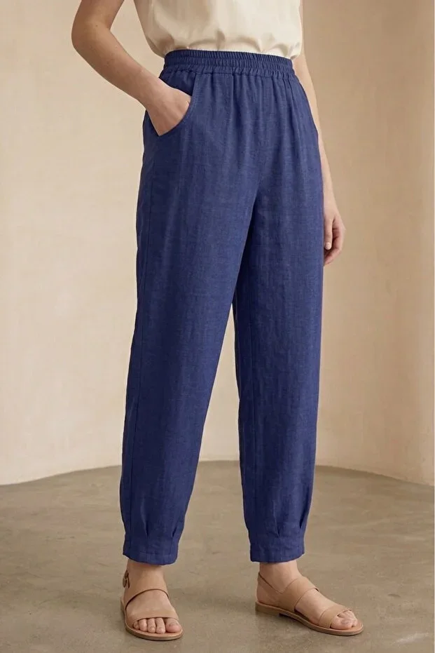 TOFİSA Pocket Muslin Loose Trousers Navy Blue - 1325-LACIVERT