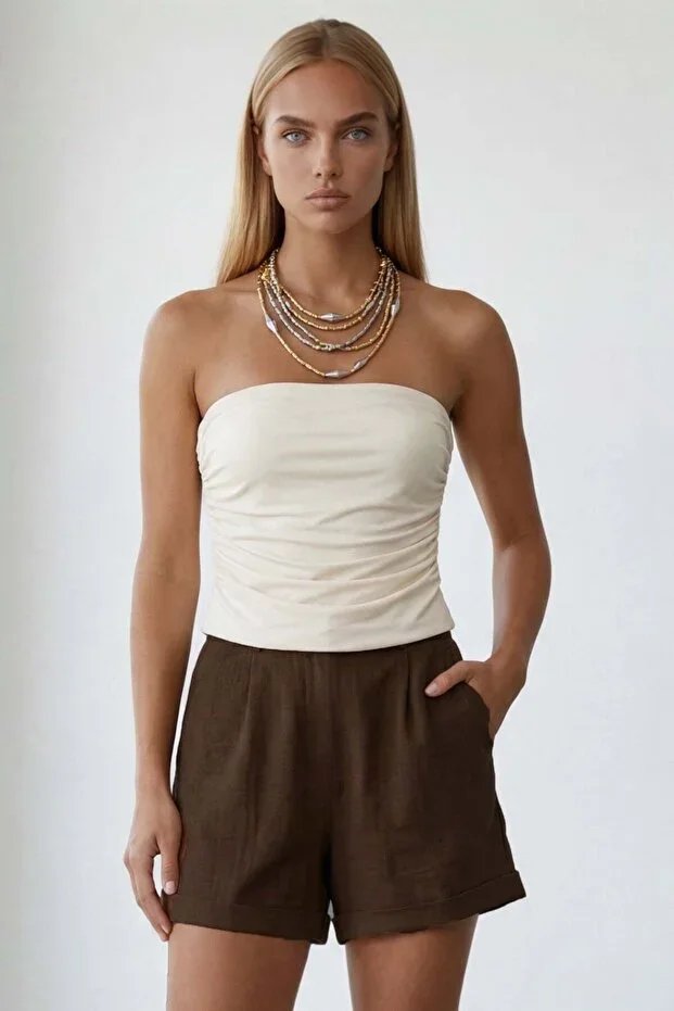 Dark Coffee Double Pocket Double Hem Linen Shorts ALC-X13767