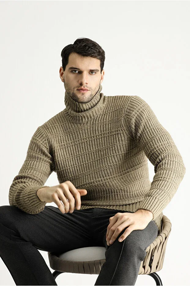 Fisherman Neck Slim Fit Narrow Cut Patterned Knit Sweater