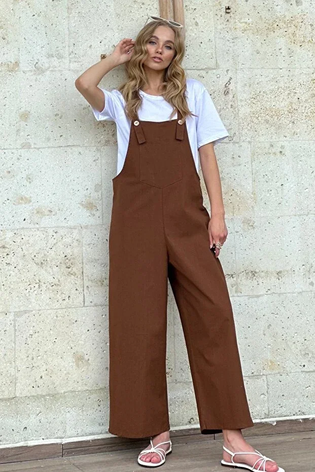 Women's Coffee Pocketed Strap Gabardine Overalls ALC-X12186