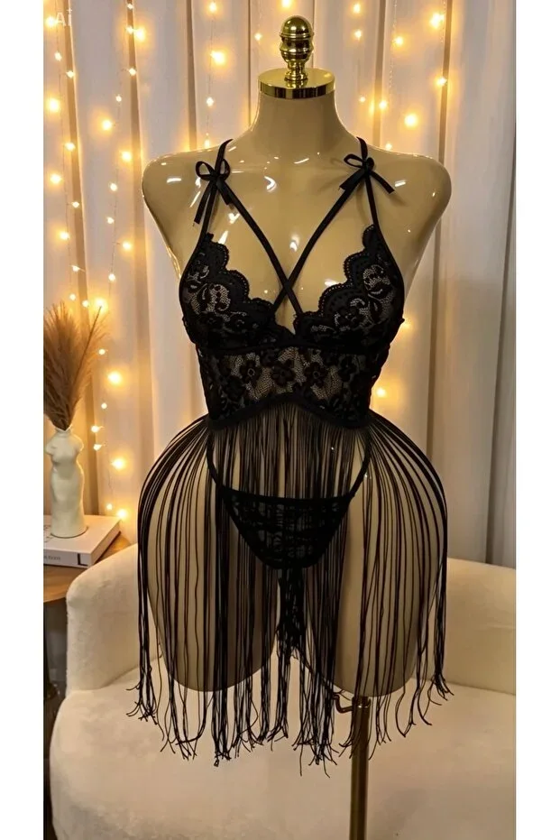 Cross Strap Back Detailed Transparent Long Nightgown With Deep Slit