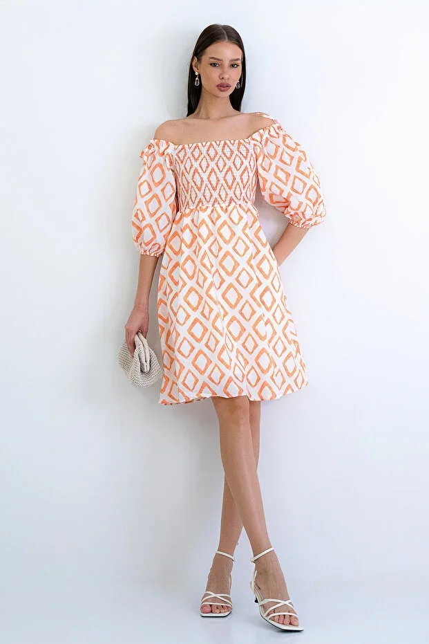 Orange Square Neck Watermelon Sleeve Front Pleated Lined Linen Mini Dress ALC-X15186