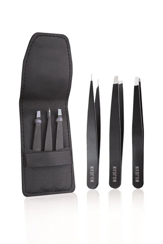 Professional 3-Piece Tweezers Set with Black Leather Case