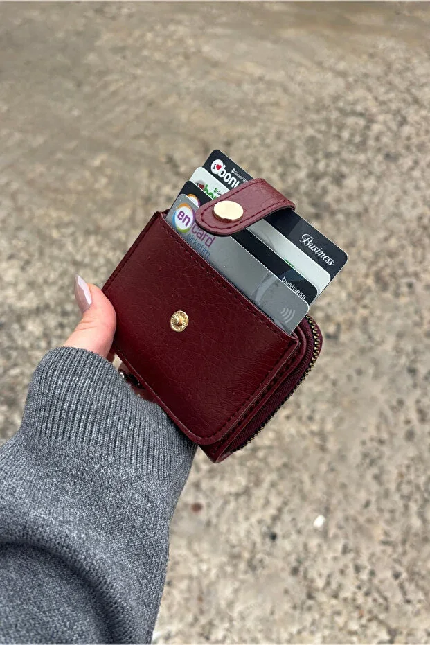 Yuka Atelier Horizontal Mechanism Burgundy Faux Leather Cardholder Wallet