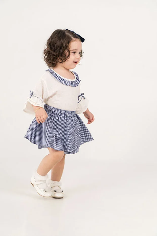 Baby Girl Summer Sleeve Detailed Muslin Gingham Skirt Look Shorts 2-Piece Set