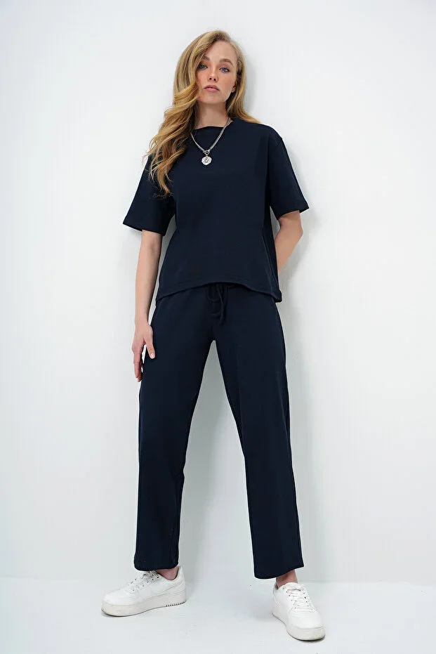 Navy Blue Crew Neck Short Sleeve Knit Blouse And Palazzo Pants Set ALC-X13878