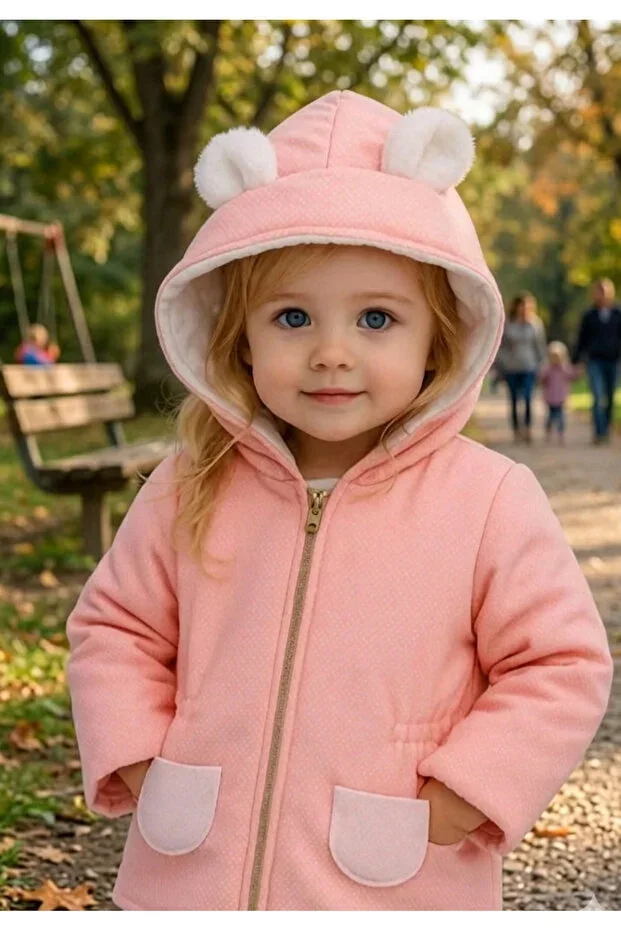 Girl Baby Pink Patterned Cotton Lined Gift Hooded Cute Stylish Coat