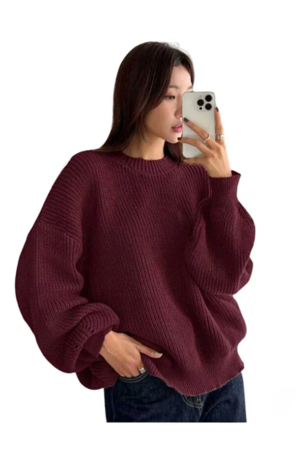 Burgundy Crew Neck Oversize Women's Knit Sweater