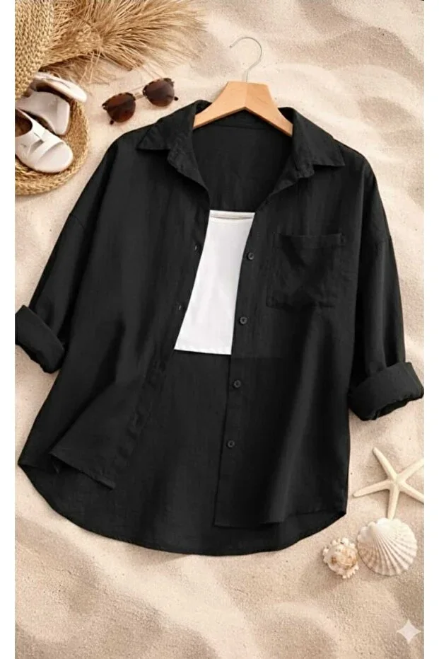 blackbonds Women Black Linen Shirt Summer Oversize Shirt New Season