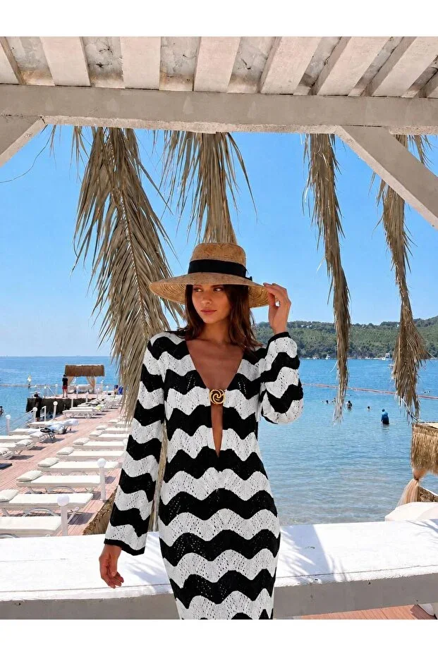 WAVE STRIPED COTTON OPENWORK BEACH DRESS