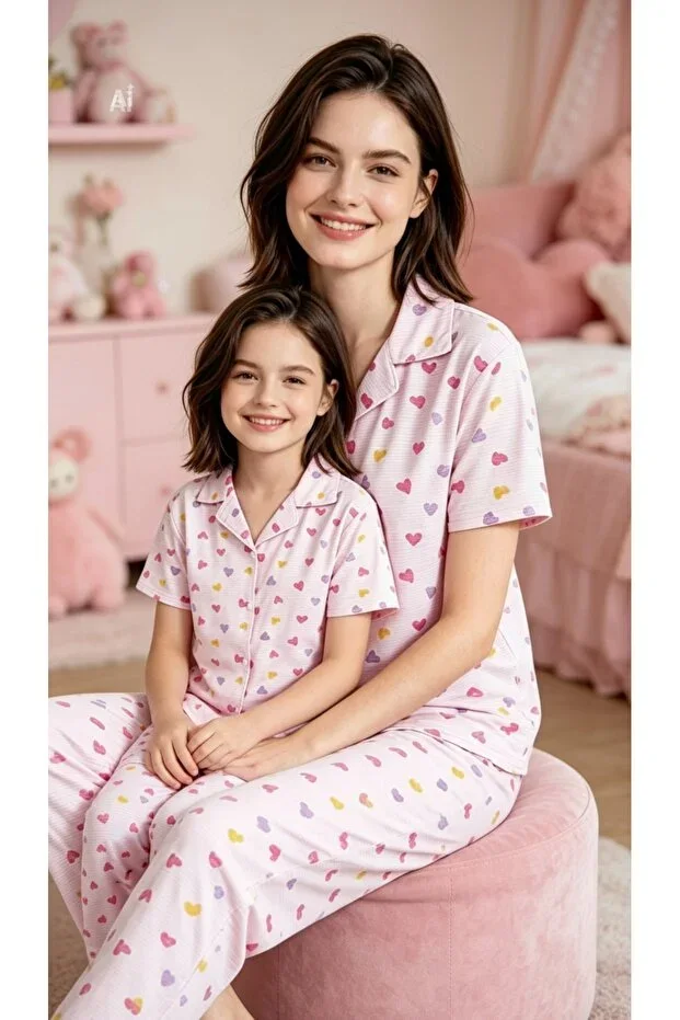 Mother Daughter Combo Pajama Set - Milan Fabric, Heart Patterned, Seasonal Shirt Collar Buttoned Comfortable Set (SOLD SEPARATELY)
