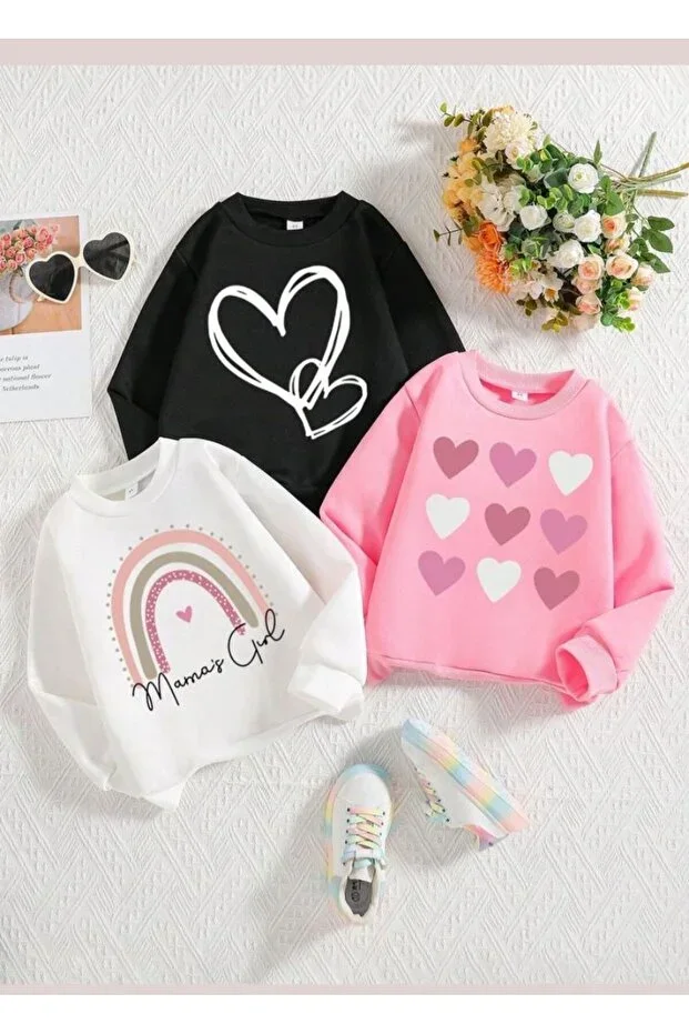 3-Piece Set Black-White-Pink Heart-Rainbow-Multi Heart Print Kids Sweatshirt