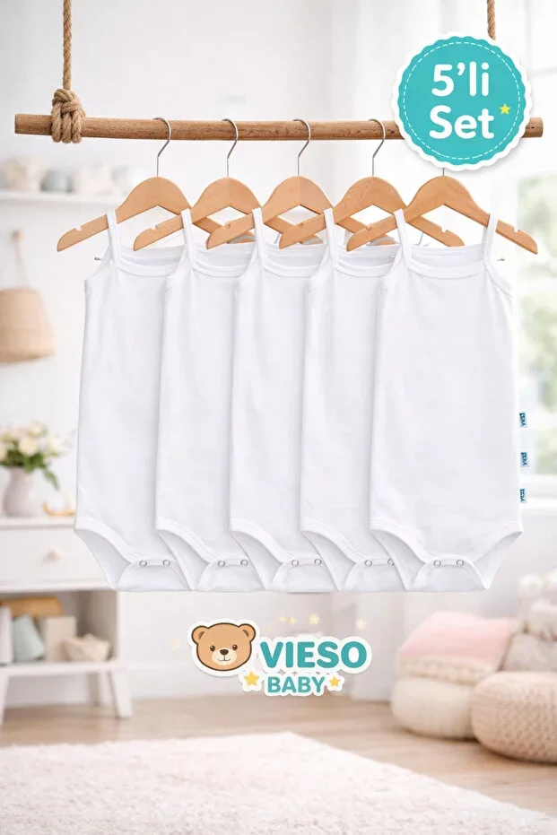 5-Piece Cotton White Snap Button Strap Baby Undershirt Bodysuit