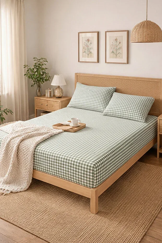 Green Pöti Square Patterned Fitted Sheet Set - Single/Double/King Size