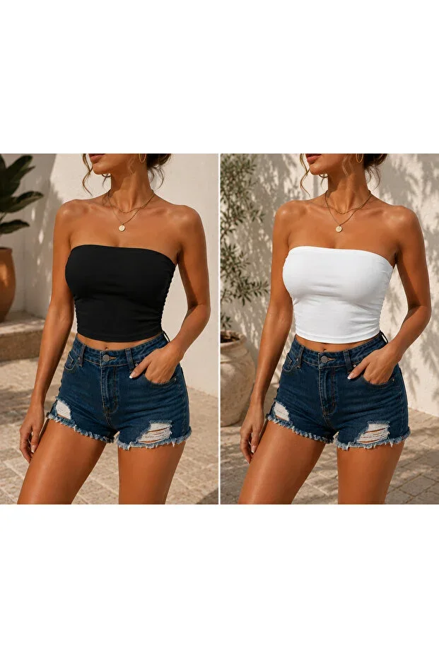 2-Pack Black & White Women's Bandeau Bustier Crop Top