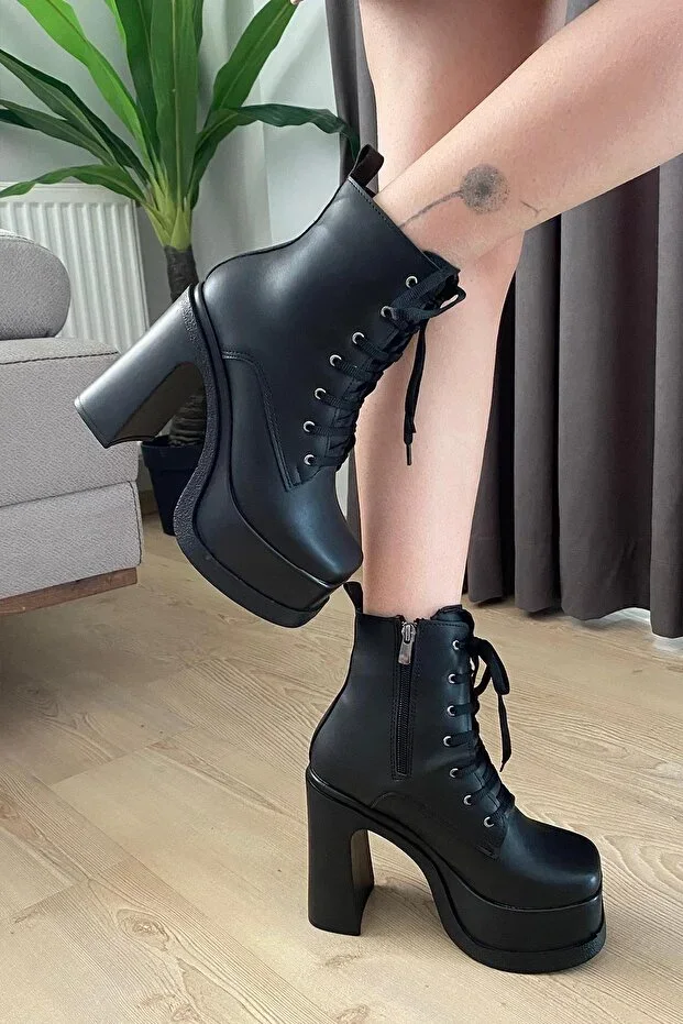 Women's Alchemy Black Lace-Up Detail 12 cm Platform Heel Zipper Boots