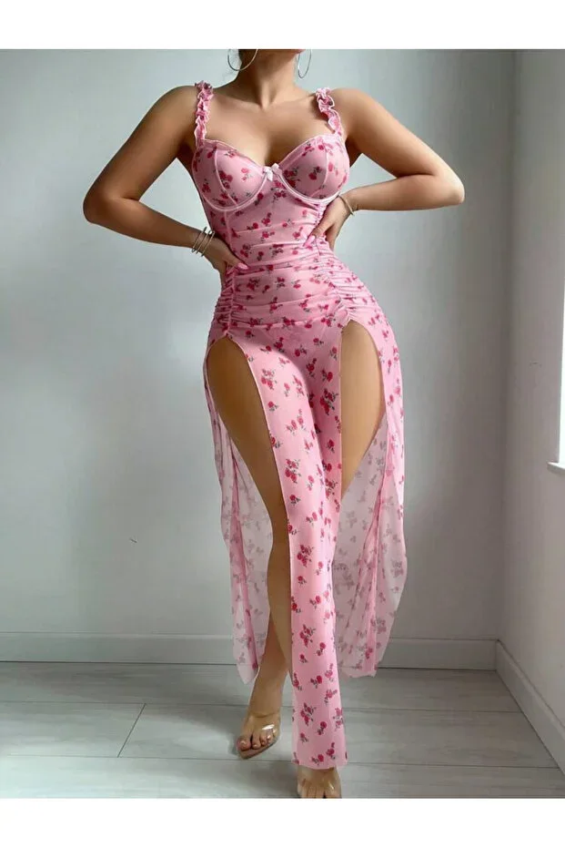 Women's Micro Pink Rose Patterned Bow Detailed Slit Voluminous Long Nightgown with Thong Gift