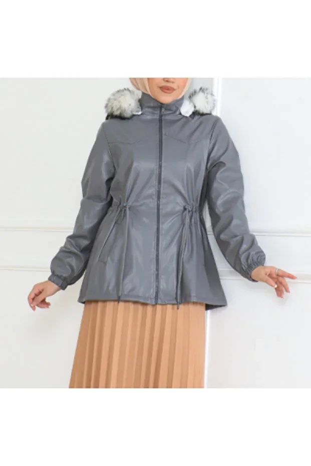 Waist Gathered Zippered Side Pocket Hooded Modest Leather Jacket 62622