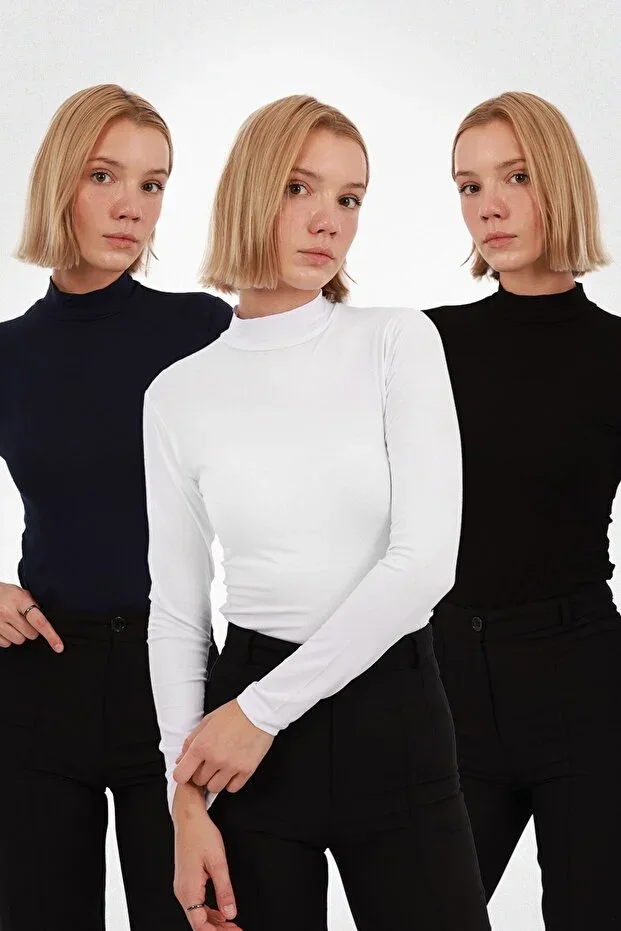 Women's Long Sleeve Turtleneck Bodysuit 3-Piece Set – Black White Navy