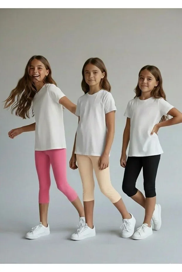 Girls 3-Piece Capri Tights Set Black Pink Organic Cream Cotton Comfortable Daily Capri 4-12 Years