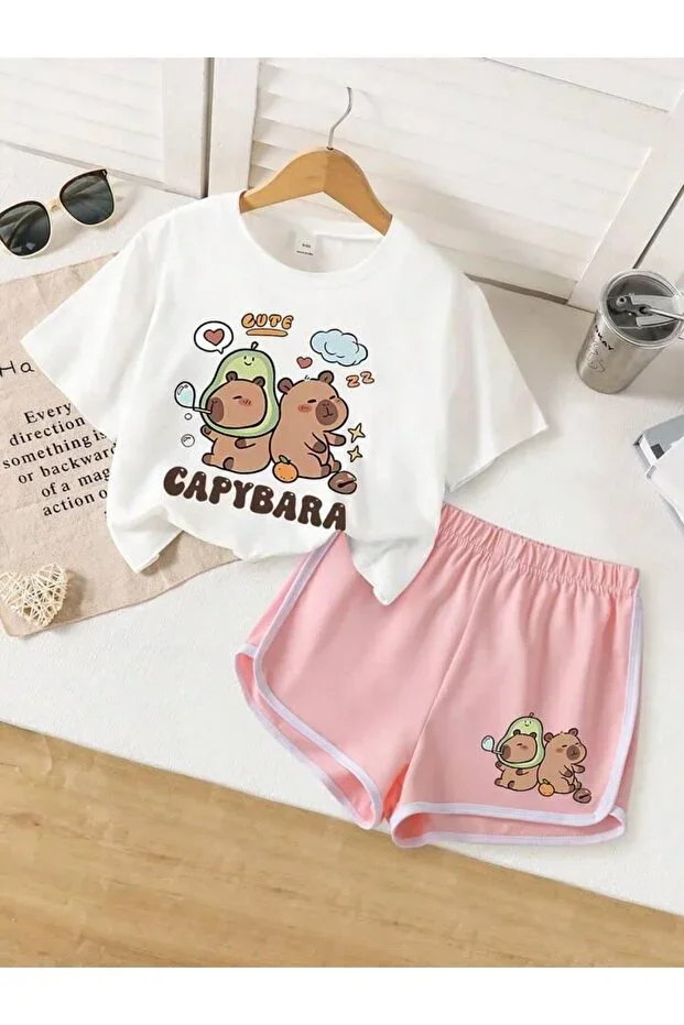 Girls Capy Print White T-shirt-Edged Pink Shorts Set