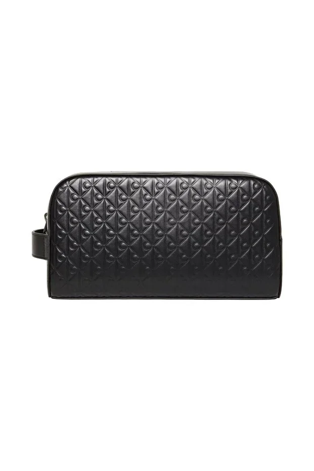 Men's Leather CK Embossed Monogram Print Detail Wide Short Handle Black Handbag LV04D1146G-UB1
