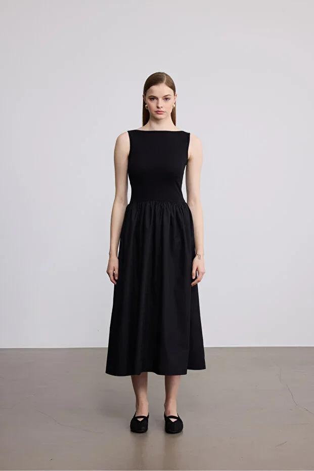 SevdeUgur Women's Maxi Length Flexible Knit Top Poplin Skirt Chic Black Strappy Dress / Sevde Ugur