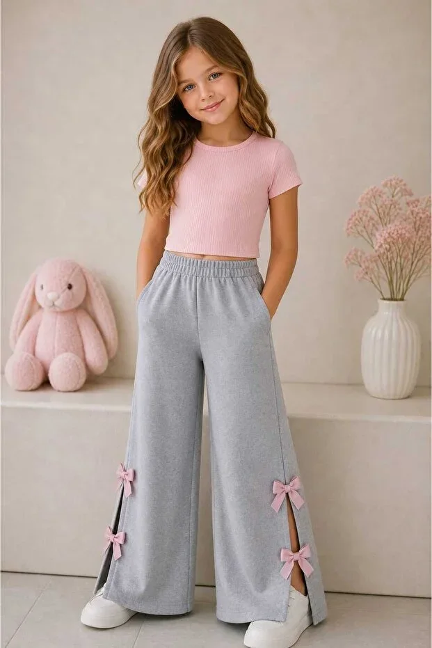Bow Detailed Wide Leg Girl's 2-Thread Sweatpants