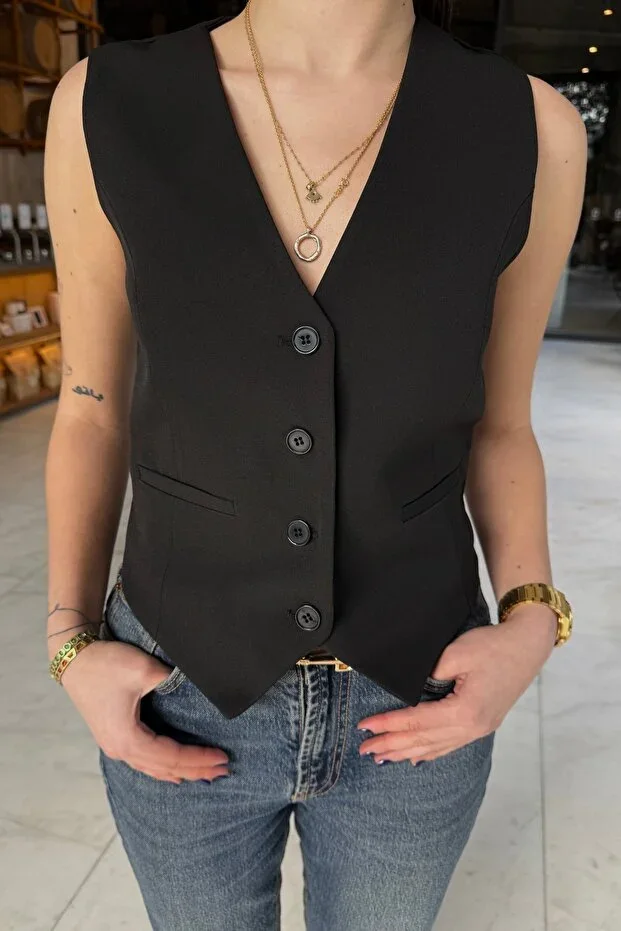 Fitted Scuba Lined V-Neck Buttoned Vest
