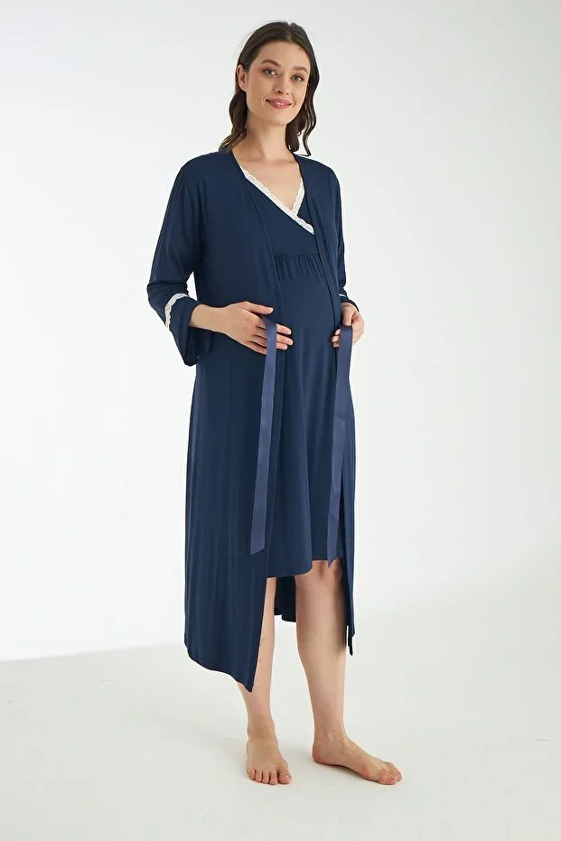 Navy Lace Detailed Maternity and Postpartum Nightgown Set