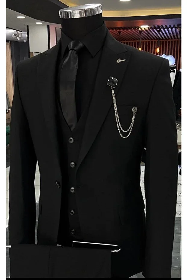 Terzi Ayhan Full Black Set 5-Button Vest Slim Fit Suit –For SlimFit, prefer 1 size larger.