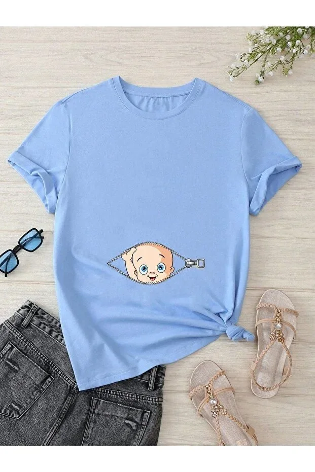 Pregnant T-shirt Baby Zipper Print - Baby Blue Round Neck Oversize T-shirt