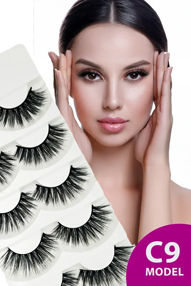 Natural Look Silk Full 5-Piece False Eyelash Set - 5 Pairs Real False Eyelashes - Model: C9