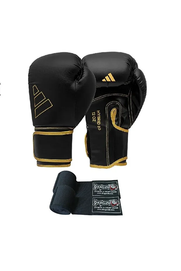 Adih80 (Hybrid80) Boxing Gloves and Dragondo Boxing Bandage 2-Piece Set Black Gold, Gifttoom