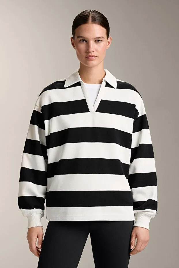 Oysho Striped cotton textured polo neck t-shirt